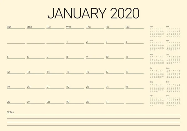 Enero 2020 escritorio calendario vector ilustración — Archivo Imágenes Vectoriales