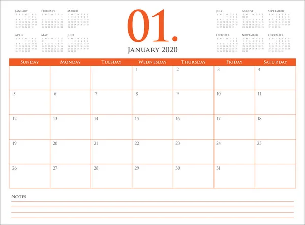Januari 2020 skrivbord Kalender vektor illustration — Stock vektor