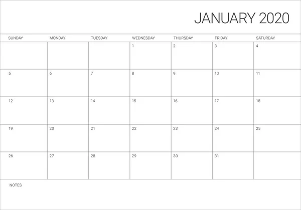 2020 年 1 月桌面日历矢量插图 — 图库矢量图片