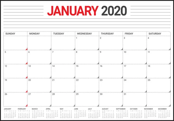 Enero 2020 escritorio calendario vector ilustración — Vector de stock