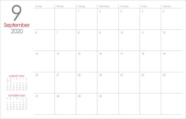Eylül 2020 masa takvimi vektör illüstrasyon