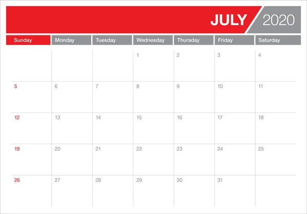2020年7月 デスクカレンダーベクトルイラスト — ストックベクタ