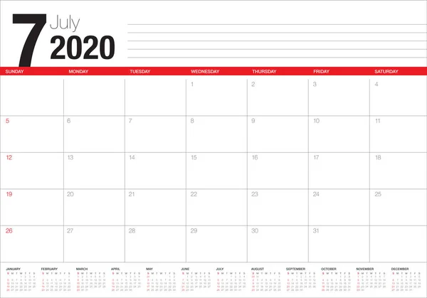 Julio 2020 escritorio calendario vector ilustración — Vector de stock