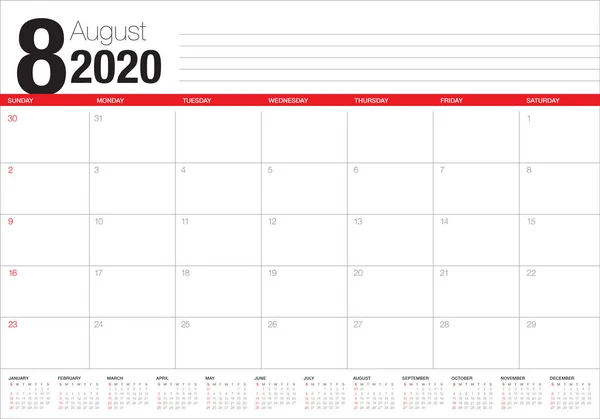 Augustus 2020 bureaukalender vector illustratie — Stockvector