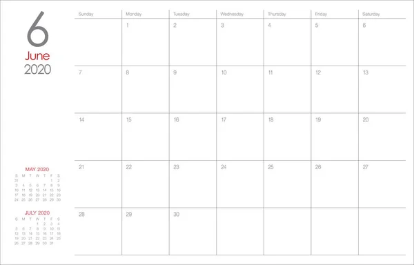 Junio 2020 escritorio calendario vector ilustración — Vector de stock