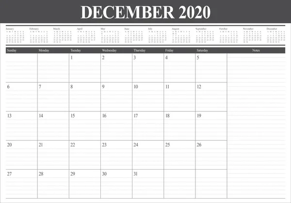 Diciembre 2020 escritorio calendario vector ilustración — Vector de stock