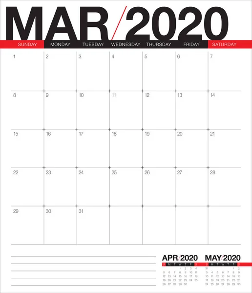 Marzec 2020 biurko kalendarz ilustracja wektor — Wektor stockowy