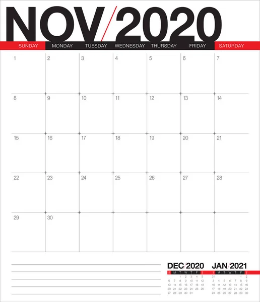 November 2020 desk calendar vector illustration — Stock Vector