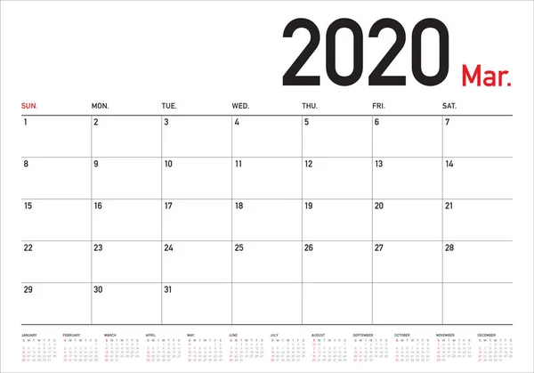 Março 2020 mesa calendário vetor ilustração — Vetor de Stock
