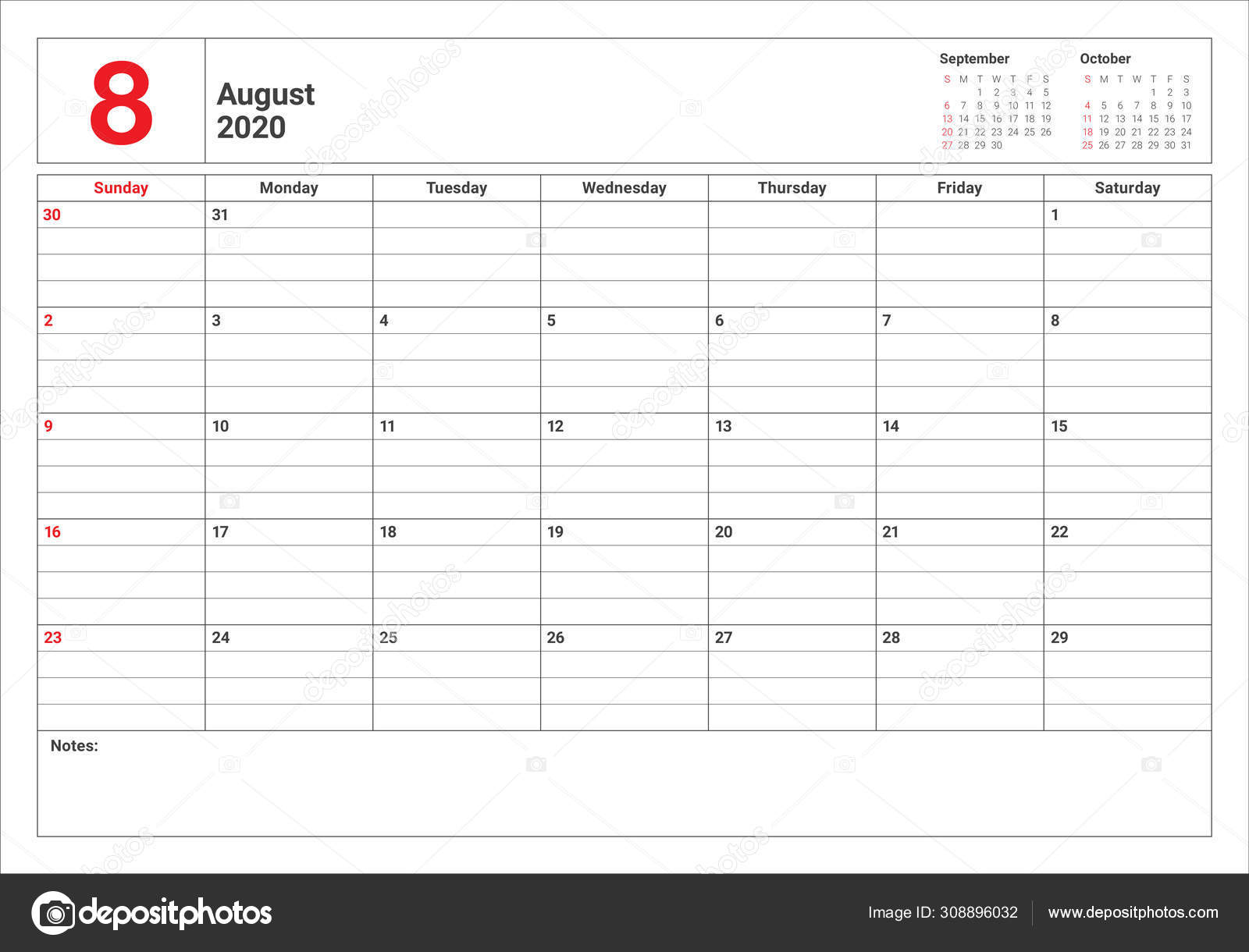 2020年8月 デスクカレンダーベクトルイラスト ストックベクター