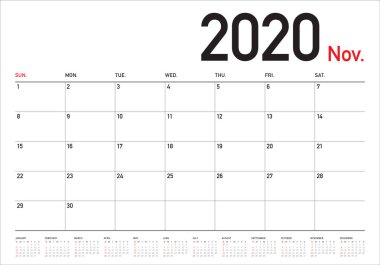 Kasım 2020 masa takvimi vektör illüstrasyon