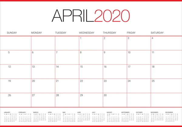 Kwiecień 2020 biurko kalendarz ilustracja wektor — Wektor stockowy