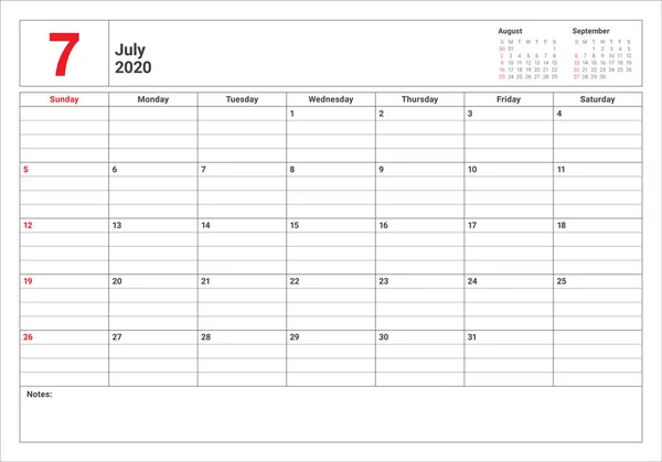 Julio 2020 escritorio calendario vector ilustración — Vector de stock