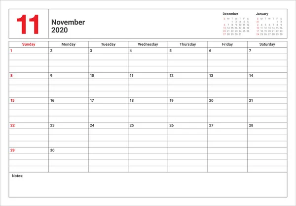 November 2020 desk calendar vector illustration — Stock Vector