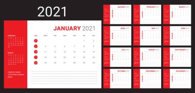 Yıl 2021 masa takvimi vektör çizimi, basit ve temiz tasarım.