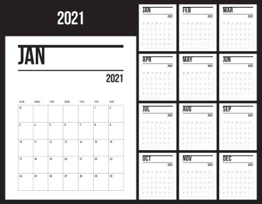 Yıl 2021 masa takvimi vektör çizimi, basit ve temiz tasarım.