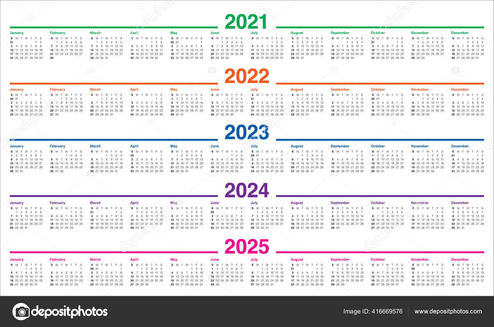 Year 2021 2022 2023 2024 2025 Calendar Vector Design Template Stock