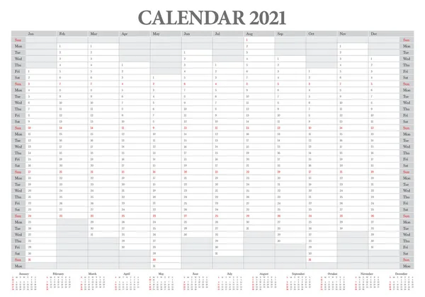 Año 2021 Plantilla Diseño Vectores Calendario Diseño Simple Limpio — Archivo Imágenes Vectoriales