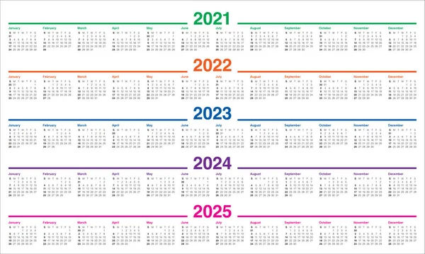 Año 2021 2022 2023 2024 2025 Plantilla Diseño Vectores Calendario — Vector de stock