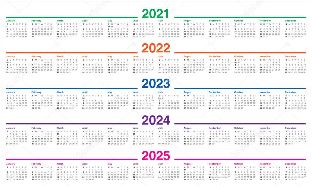 Year 2021 2022 2023 2024 2025 calendar vector design template, simple and clean design