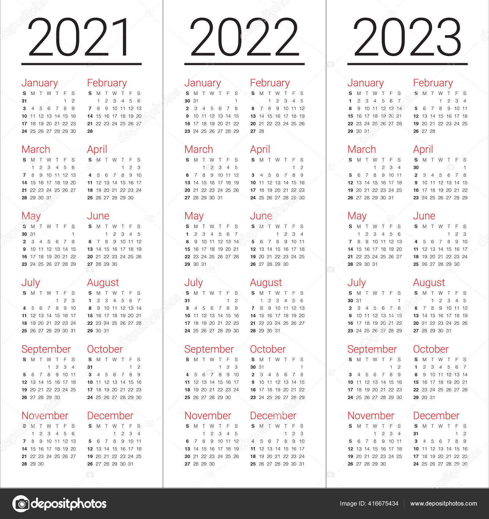 Year 2021 2022 2023 Calendar Vector Design Template Simple Clean Stock