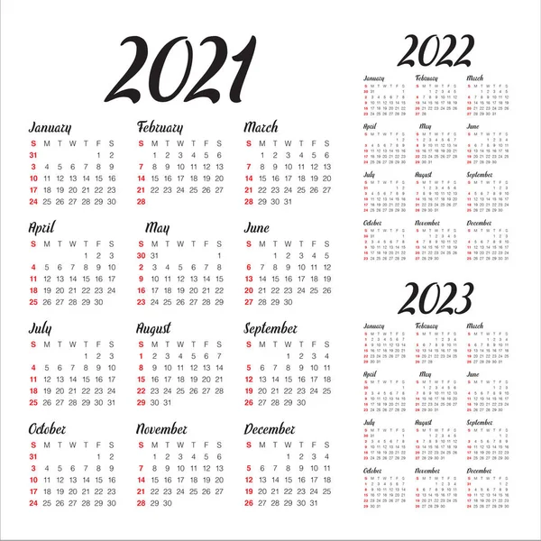 Jaar 2021 2022 2023 Kalender Vector Ontwerp Template Eenvoudig Schoon — Stockvector