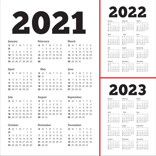 Year 2021 2022 2023 Calendar Vector Design Template Simple Clean — Stock Vector