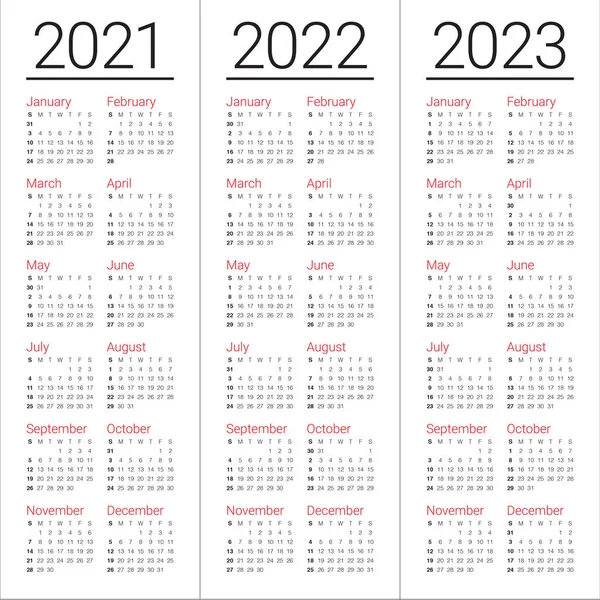 Año 2021 2022 2023 Plantilla Diseño Vectores Calendario Diseño Simple — Vector de stock