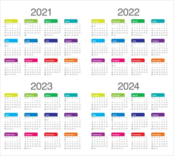 Año 2021 2022 2023 2024 Plantilla Diseño Vectores Calendario Diseño — Vector de stock