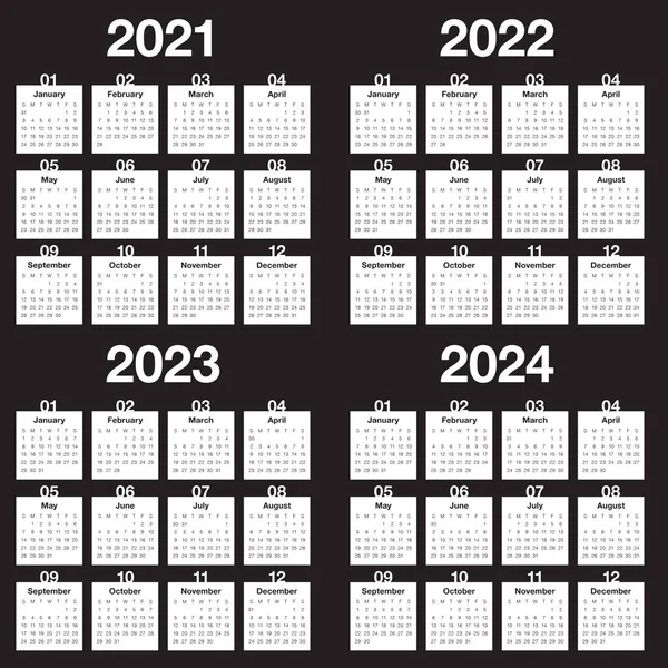 2021 2022 2023 2024 Kalender Vektor Design Mall Enkel Och — Stock vektor