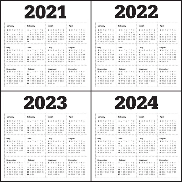 Year 2021 2022 2023 2024 Calendar Vector Design Template Simple — Stock Vector