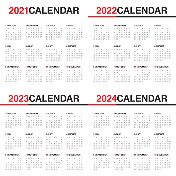 Año 2021 2022 2023 2024 Plantilla Diseño Vectores Calendario Diseño — Vector de stock