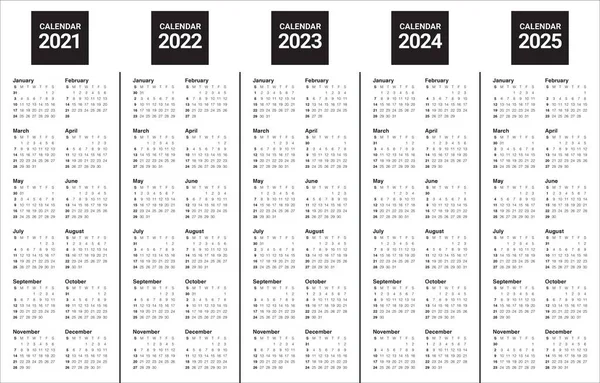 Año 2021 2022 2023 2024 2025 Plantilla Diseño Vectores Calendario — Vector de stock