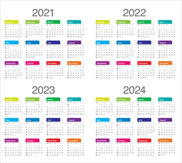 Год 2021 2022 2023 2024 Календарный Векторный Дизайн Шаблон Простой Стоковый вектор