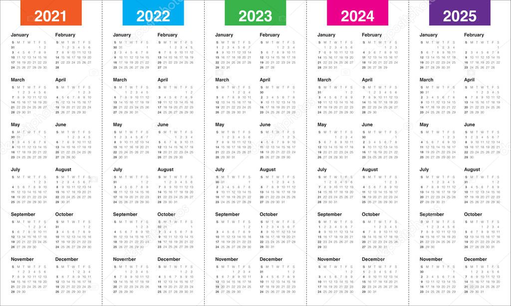 Year 2021 2022 2023 2024 2025 calendar vector design template, simple and clean design