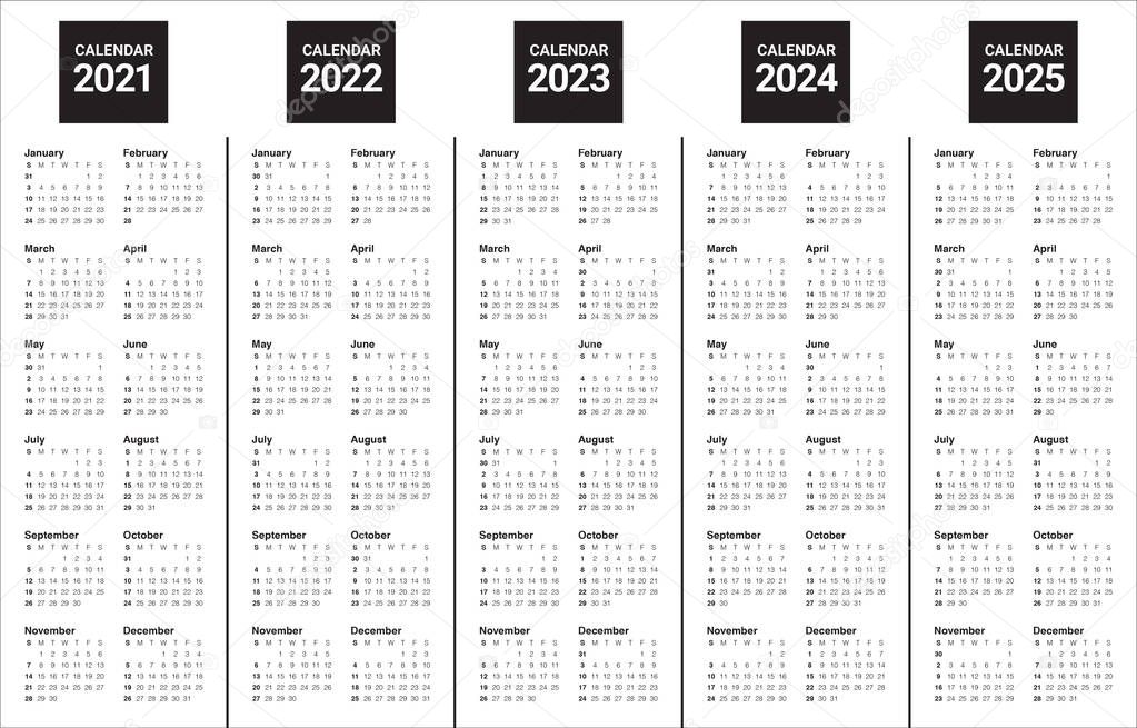 Year 2021 2022 2023 2024 2025 calendar vector design template, simple and clean design