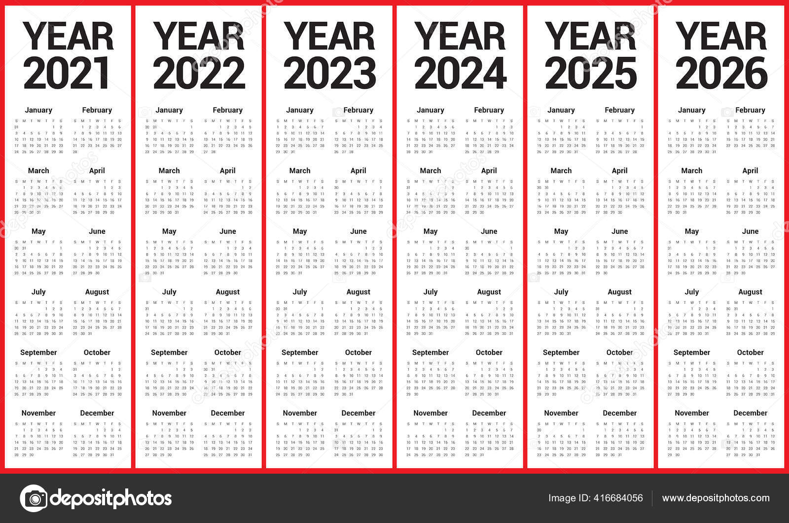 Year 2021 2022 2023 2024 2025 2026 Calendar Vector Design Stock Vector