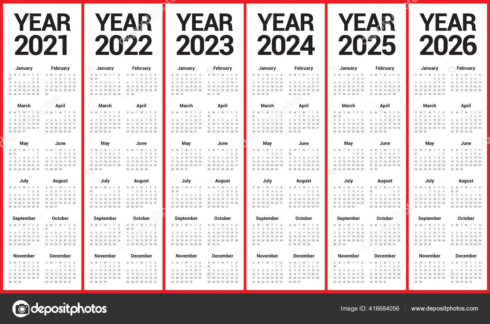 Year 2021 2022 2023 2024 2025 2026 Calendar Vector Design Stock Vector By dolphfynlow 416684056