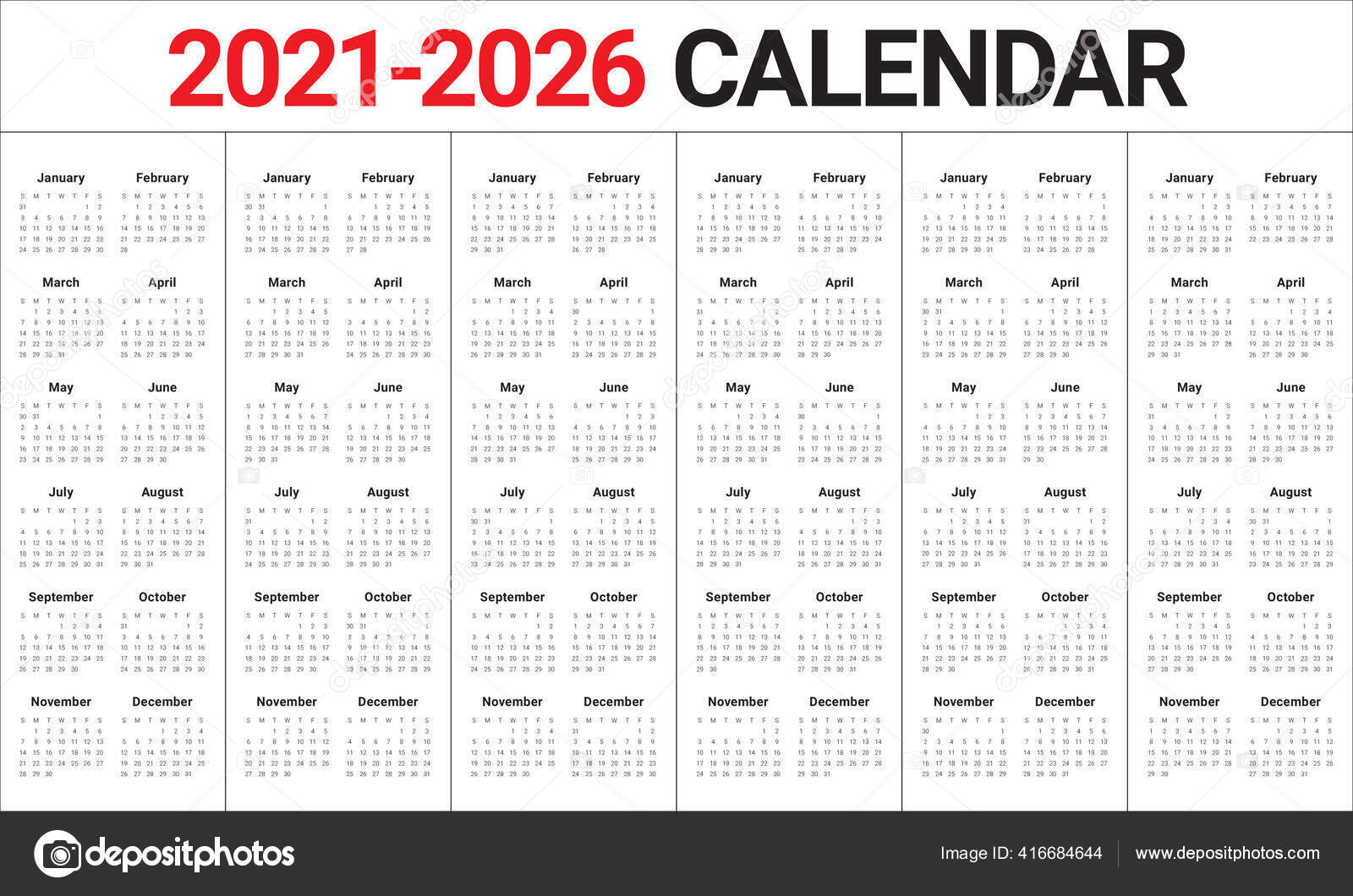 Year 2021 2022 2023 2024 2025 2026 Calendar Vector Design Stock Vector