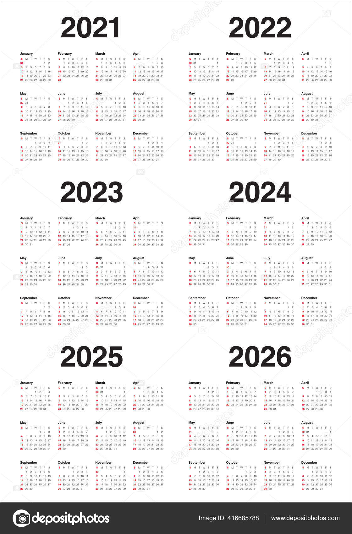 Year 2021 2022 2023 2024 2025 2026 Calendar Vector Design Stock Vector