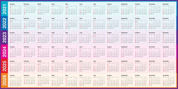 Year 2021 2022 2023 2024 2025 2026 Calendar Vector Design — Stockový vektor