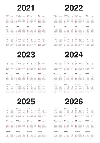 Anno 2021 2022 2023 2024 2025 2026 Calendario Modello Progettazione — Vettoriale Stock