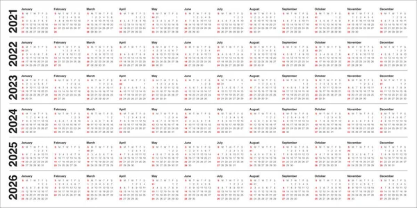 Anno 2021 2022 2023 2024 2025 2026 Calendario Modello Progettazione Illustrazione Stock