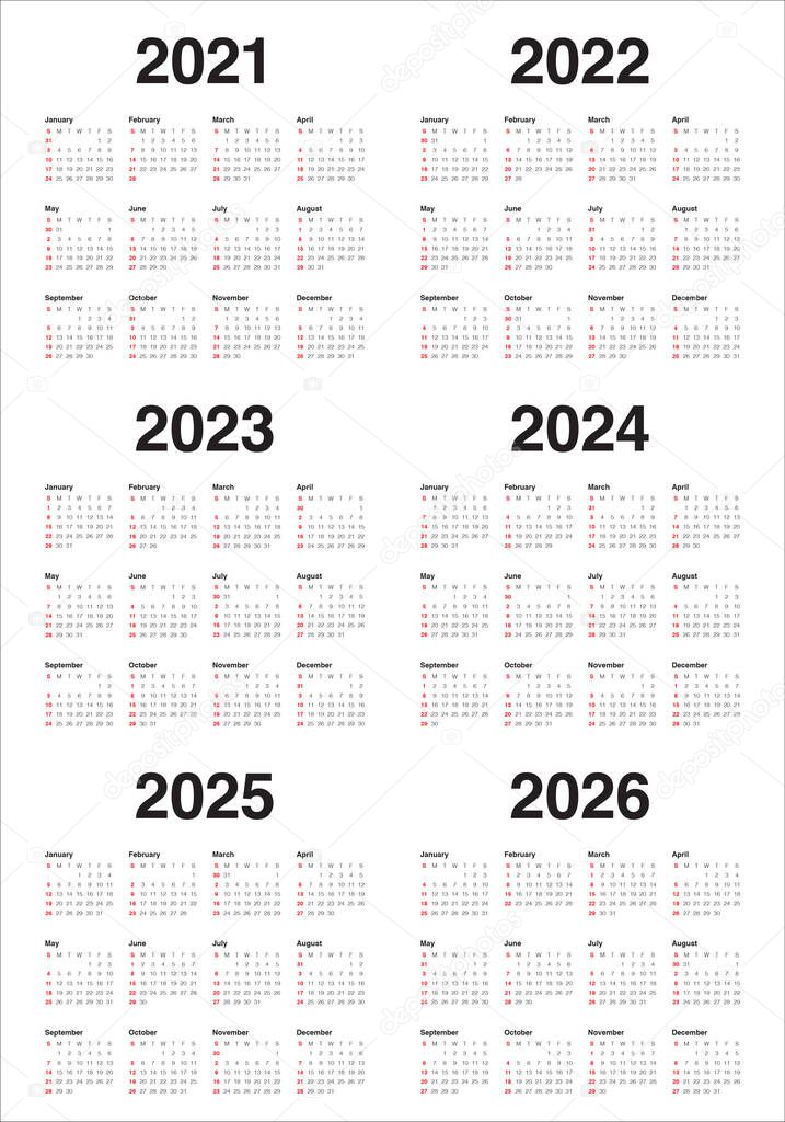 Year 2021 2022 2023 2024 2025 2026 calendar vector design template, simple and clean design