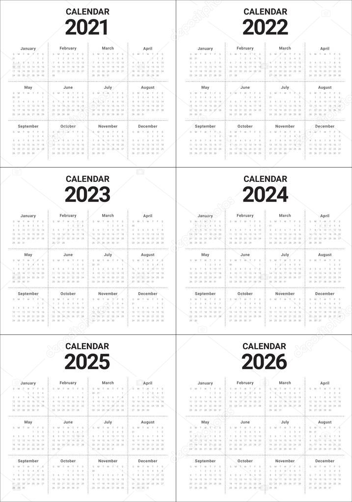 Year 2021 2022 2023 2025 2025 2026 calendar vector design template