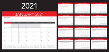 Yıl 2021 masa takvimi vektör çizimi, basit ve temiz tasarım.