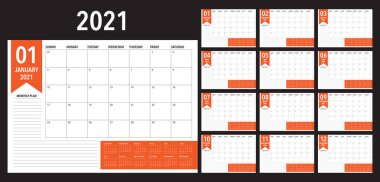 Yıl 2021 masa takvimi vektör çizimi, basit ve temiz tasarım.