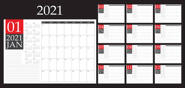 Anno 2021 Scrivania Calendario Vettoriale Illustrazione Design Semplice Pulito — Vettoriale Stock