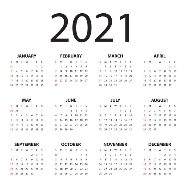 Année 2021 Modèle Conception Vectorielle Calendrier Conception Simple Propre — Image vectorielle