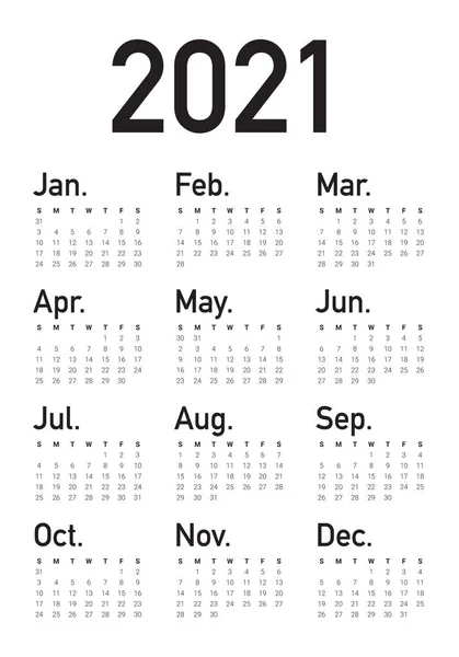 Year 2021 Calendar Vector Design Template Simple Clean Design — Stock Vector